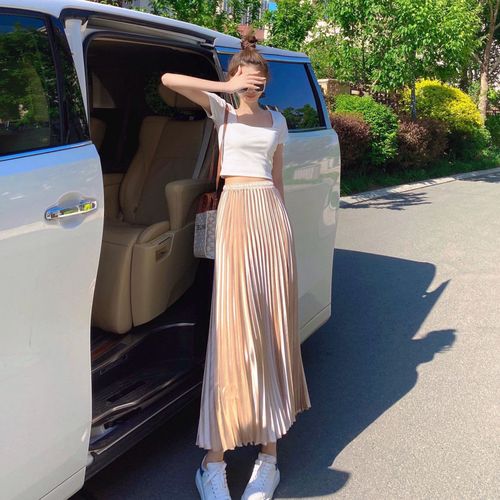 高品质华丽香槟金色百褶裙垂坠感上档次缎面百褶长裙半身裙仙女裙