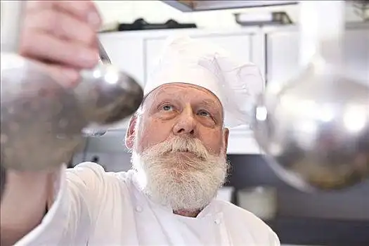 烹饪,穿,厨师帽,悬挂,长柄勺,背影,地点