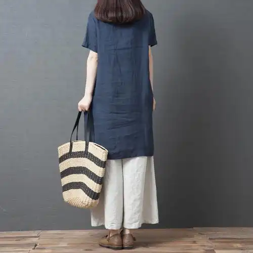 时尚棉麻套装女夏季新款韩版大码宽松中长款短袖休闲阔腿裤两件套