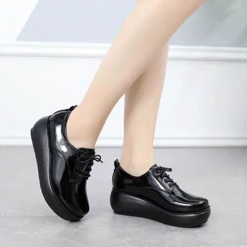 真皮跟单鞋女松糕厚底软底防滑舒适软面皮鞋单鞋