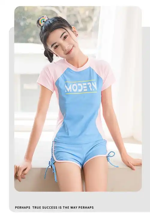 少女泳衣女高初中女生大学生保守大童女孩分体平角裤运动训练游泳装蓝