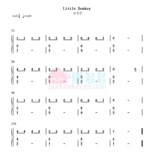儿歌《小毛驴》钢琴双手简谱