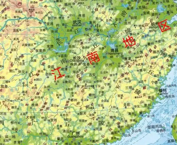 雪峰山以东,南岭以北和武夷山以西之间的"江南丘陵"以及长江三角洲