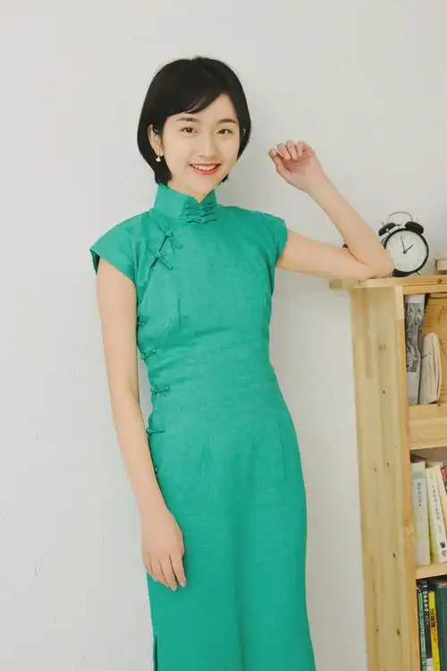 茉茉旗袍夏秋季 平肩小连袖中长款复古文艺纯色亚麻旗袍 碧瑶倾城