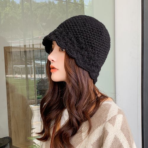手工钩针花边针织渔夫帽女日系秋冬保暖毛线帽子简约百搭韩版盆帽