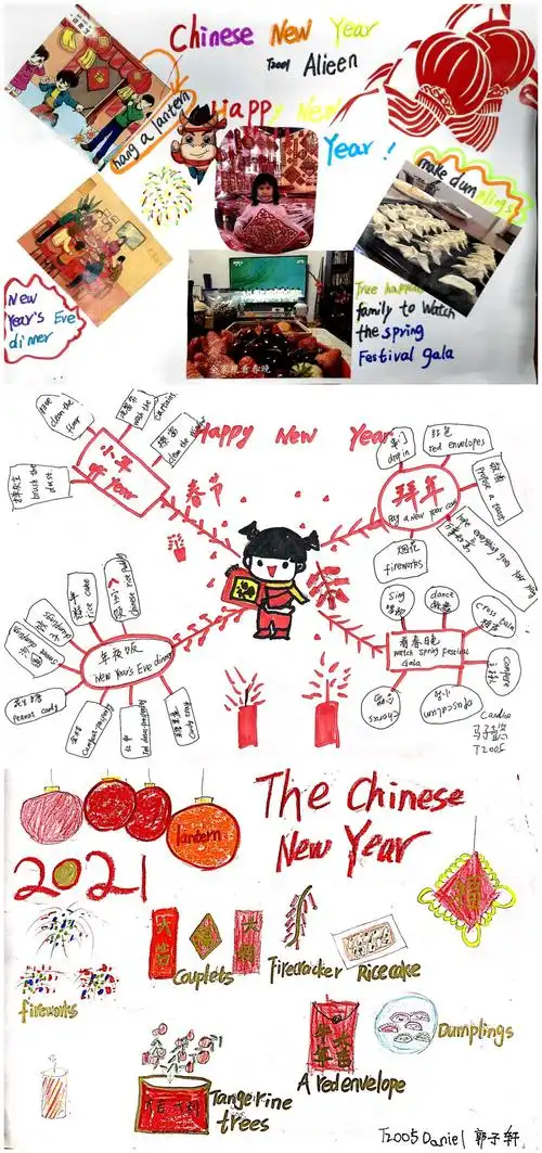 一年级孩子阅读春节主题英语绘本后,结合自己在春节期间的所见所闻