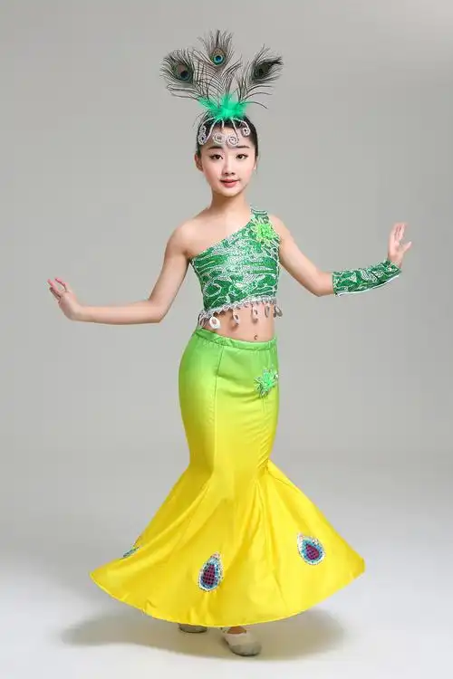 新款儿童傣族舞蹈服弹力孔雀舞演出服装女童少儿傣族鱼尾裙演出服