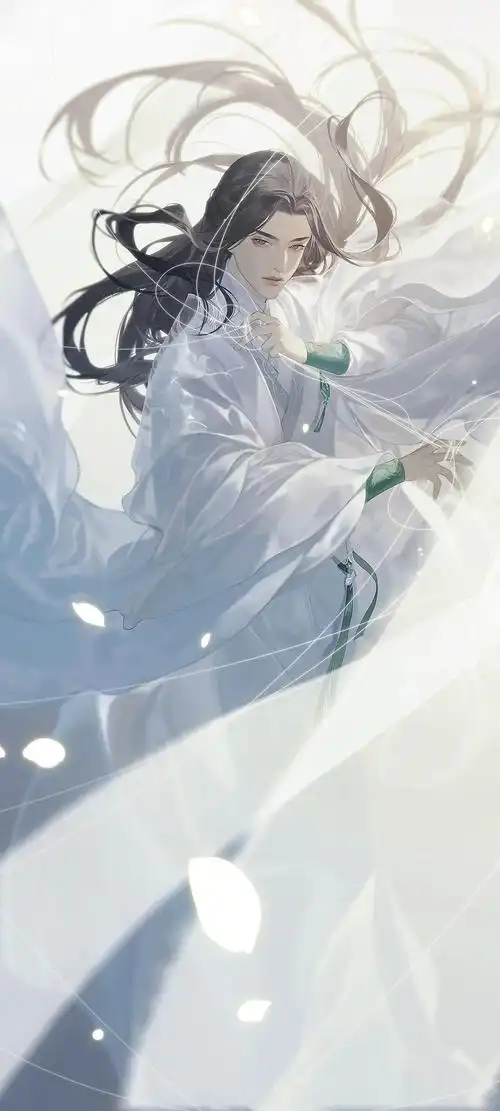 美男白色长袍散乱长发古风动漫二次元手机壁纸