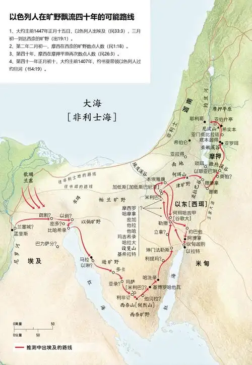 上图:以色列人出埃及,进迦南,在旷野飘流四十年的可能路线.