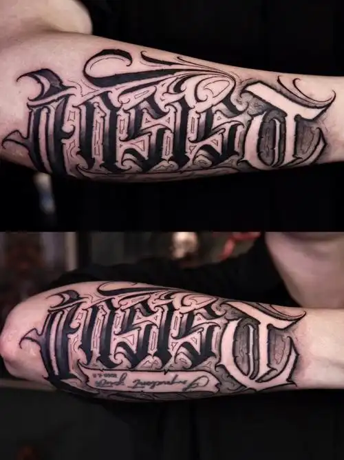 深圳纹身适合男生小臂外侧的花体字纹身