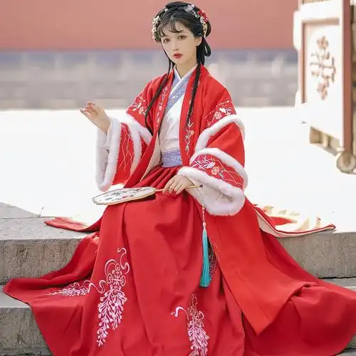 宋制汉秋冬女学生平价汉元素直对襟长衫披风长款民族服装