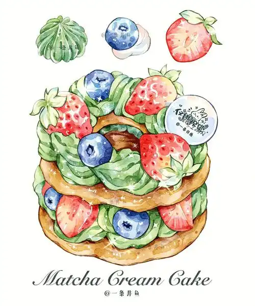 笔记灵感  #手绘蛋糕91抹茶奶油草莓泡芙|ipad水彩甜品过程|临