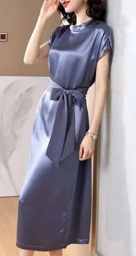 醋酸缎面真丝连衣裙女2020夏季新款系带修身小飞袖气质丝绸名媛ol中