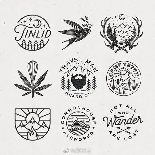 线描黑白画微观世界创意logo超现实图案图标极简主义徽章来自英国伦敦