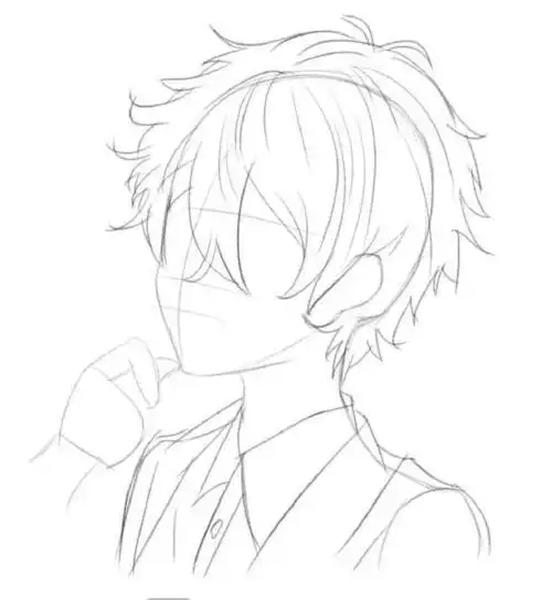 ①先画出人物的头部结构,用十字线画出头部朝向和五官位置.