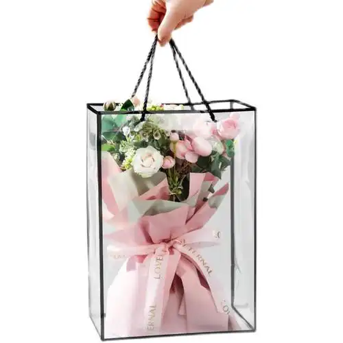 新款节日透明花漾边框手提袋花束包装袋水晶礼品袋花艺包装盒