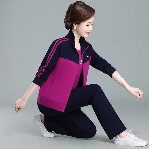均妮中老年运动套装女春秋款大码运动装妈妈装中年妇女休闲运动服三