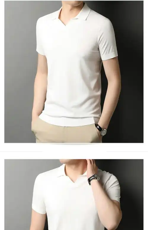 男装夏季翻领纯棉短袖t恤男薄款无感针织体恤衫韩版男装蝴蝶提花半袖