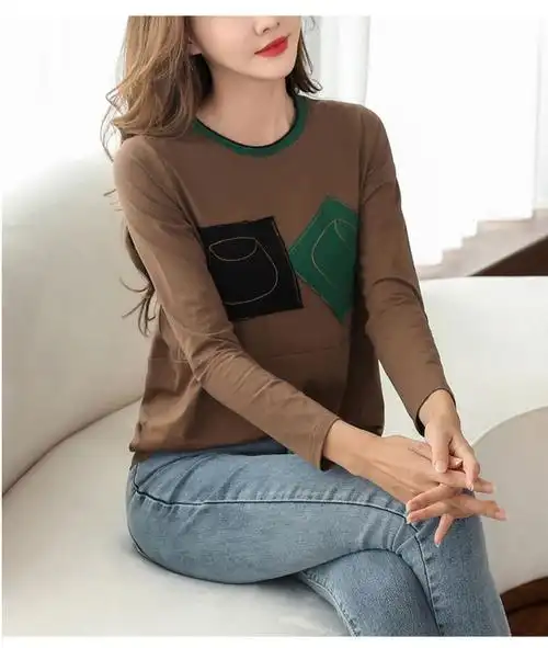 恒源祥年轻妈妈装长袖t恤女新款女士棉质宽松大码上衣洋气打底衫40-5