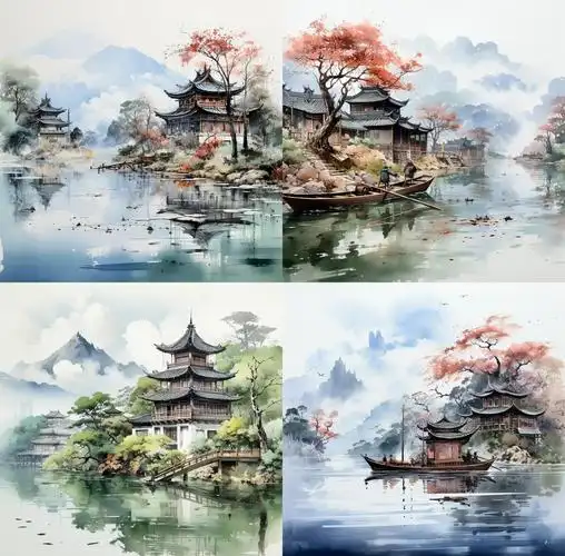 水粉画江南美景