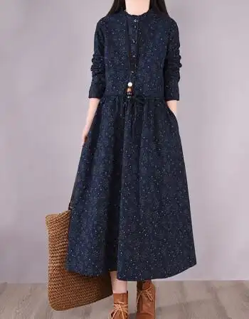 棉麻连衣裙2021秋冬宽松大码气质碎花系带收腰长袖大摆亚麻中长裙秋冬