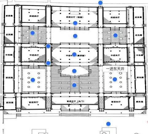 组成为中国"三进三路九堂两厢杪"院落式布局平面呈正方形主体建筑面宽