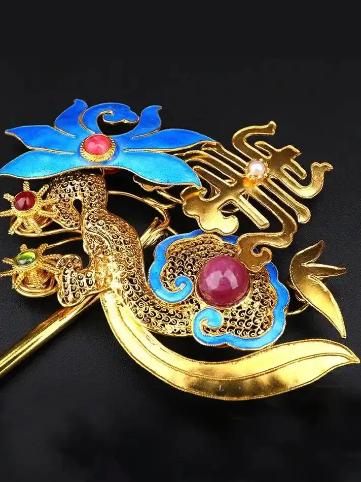 镶金堂花开如意寿字花簪百搭纯银鎏金手工花丝镶嵌红宝石汉服发簪