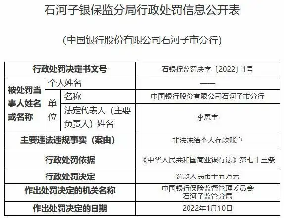非法冻结个人存款账户中国银行领取石河子银保监分局2022年1号罚单