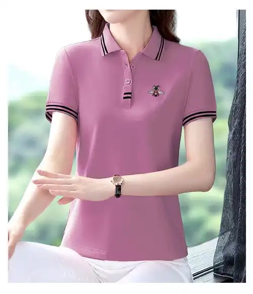 皮尔卡丹品牌高档旗舰女装纯棉短袖t恤女翻领夏季中年妈妈小衫有领