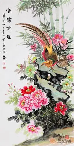 石开写意花鸟画牡丹锦鸡图《锦绣前程》 作品来源:易从网