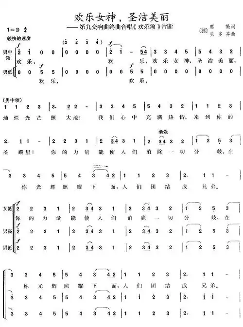 欢乐女神,圣洁美丽(第九交响曲《欢乐颂》片断 [德])简谱