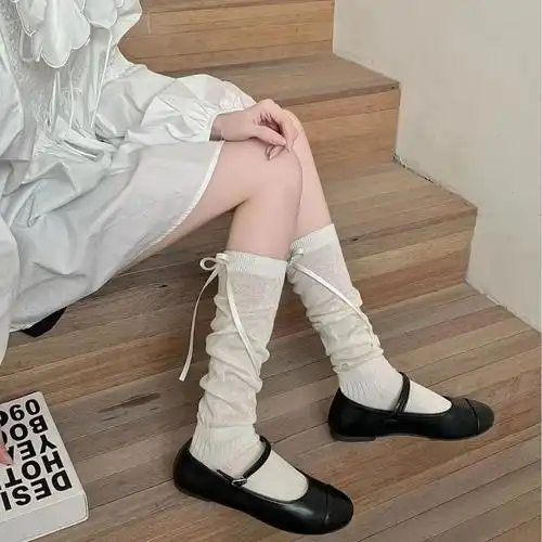 白色长筒袜夏季配裙子芭蕾风蝴蝶结jk小腿袜玛丽珍堆堆袜子女薄款