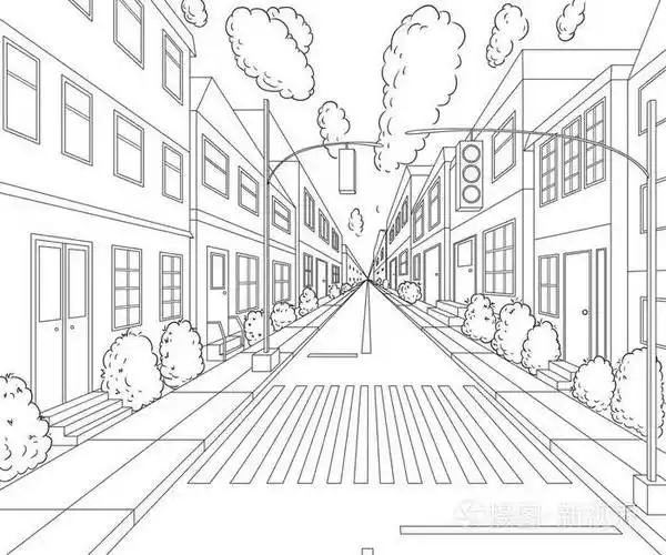 城市街道有建筑物交通灯人行横道和交通标志素描风格的城市景观背景