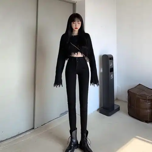 加绒牛仔裤女高腰显瘦黑色裤子紧身小脚裤
