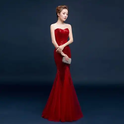 批发新款抹胸亮片鱼尾婚纱修身显瘦齐地鱼尾裙敬酒服晚礼服演出服