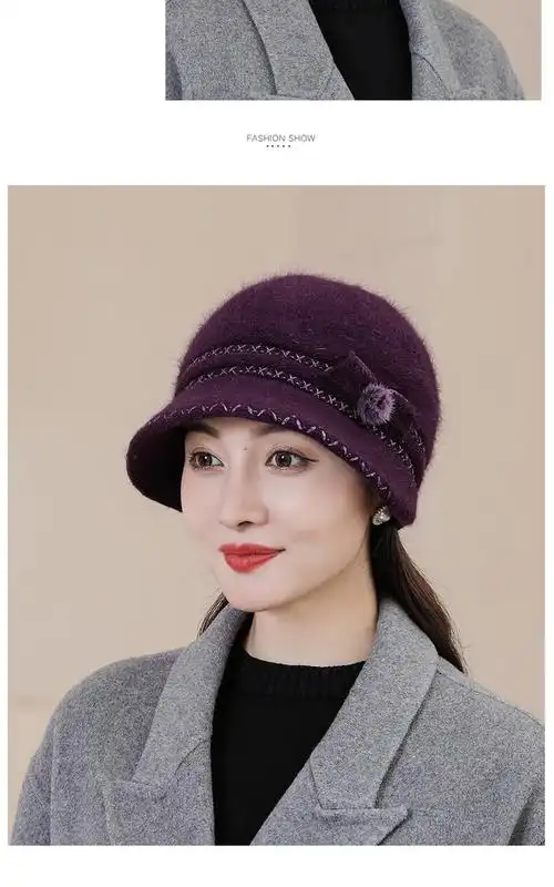 帽子鸭嘴帽女冬季兔毛帽加绒带绒保暖贝雷帽中老年人妈妈毛线帽针织帽