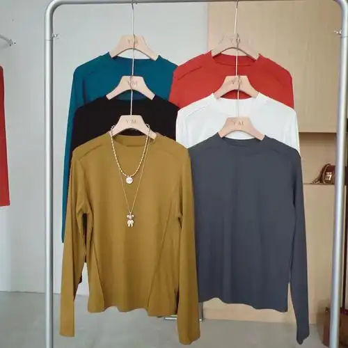 初秋高品质弹力棉长袖小立领纯色基础百搭罗纹分割线长袖打底衫