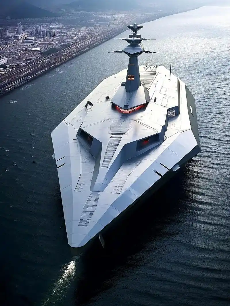 一组ai生成的未来战舰插画作品,外形上兼顾隐身,有现实中舰艇的影子.