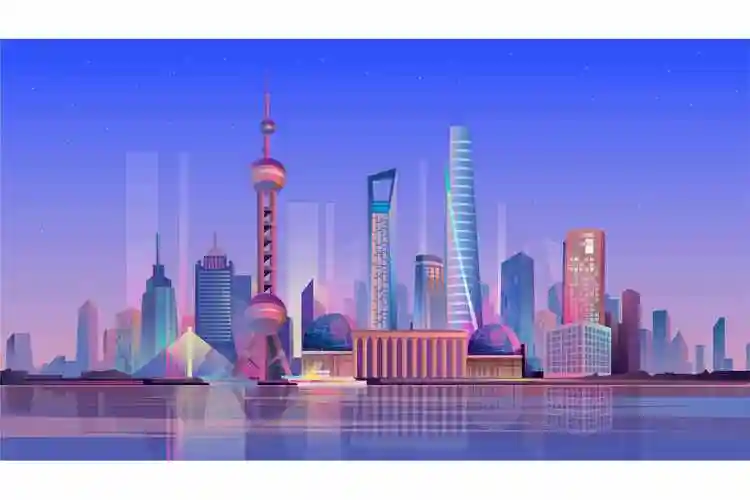 平面卡通风格的上海登陆页面. 夜晚城市全景与摩天大楼,城市景观.