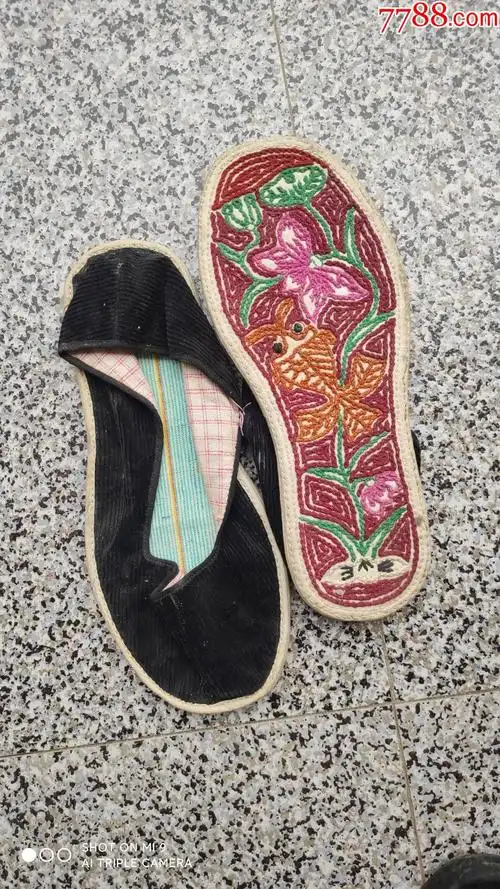 男女鞋靴旧鞋老式样方口鞋手纳千层底花样图案黑色灯芯绒面26厘米42码