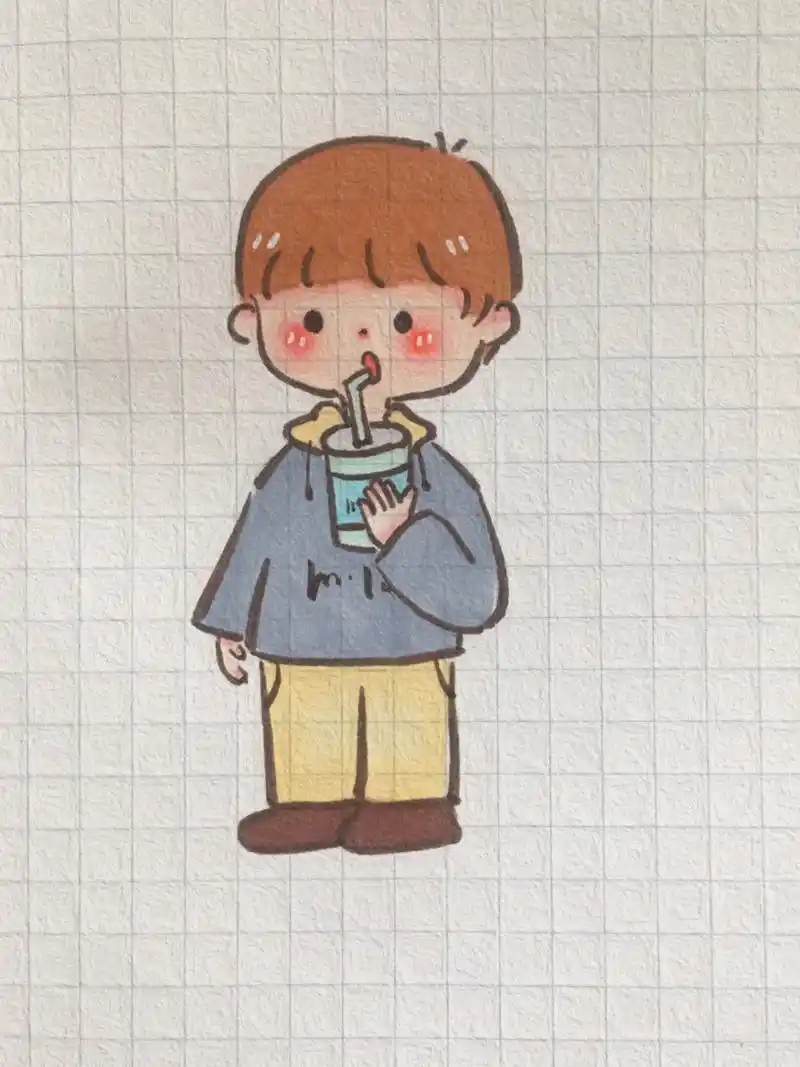 可爱简笔画 暖萌小男孩//附线稿 手帐简笔画 喝奶茶吗 马克笔萌系人物