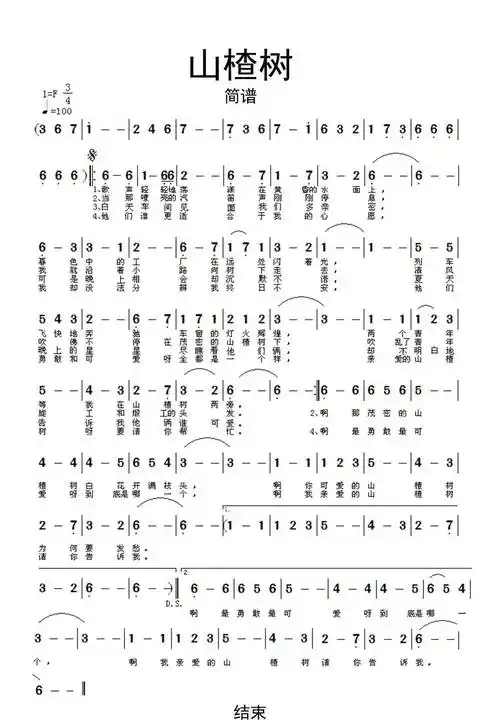 山楂树简谱乐谱