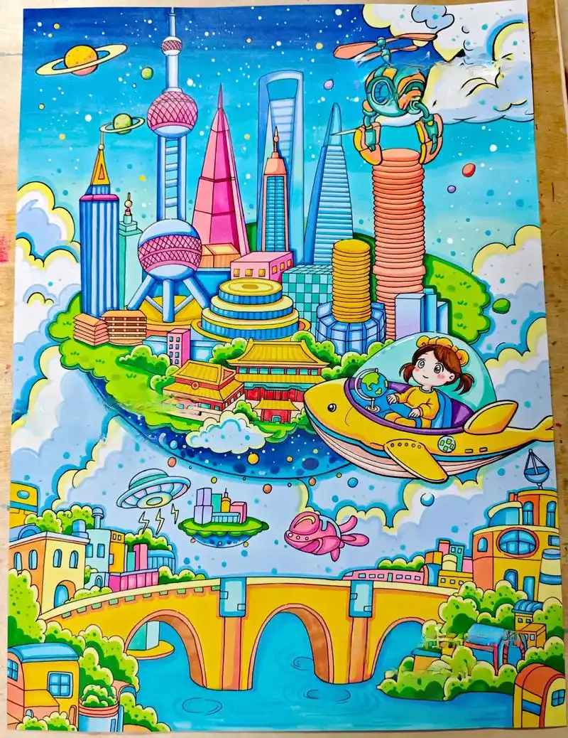 科技主题儿童画.科技未来主题画.科学幻想画