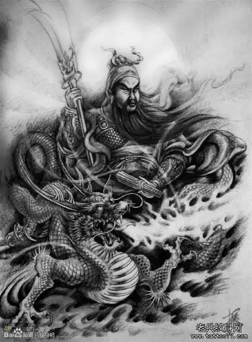 经典的关公满背纹身手稿