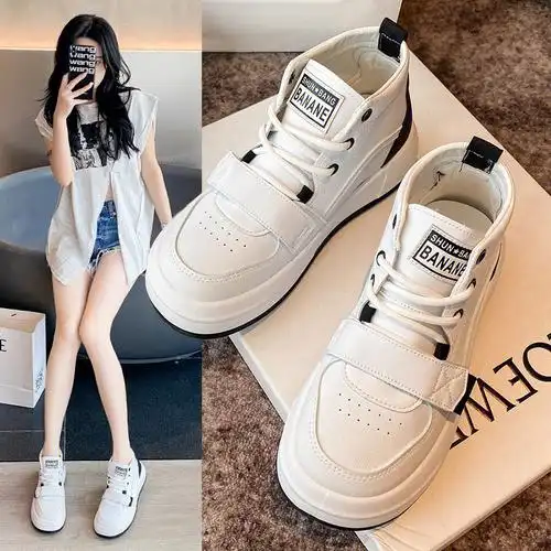 女2022秋季新款休闲透气高帮运动鞋女魔术贴厚底百搭板鞋女