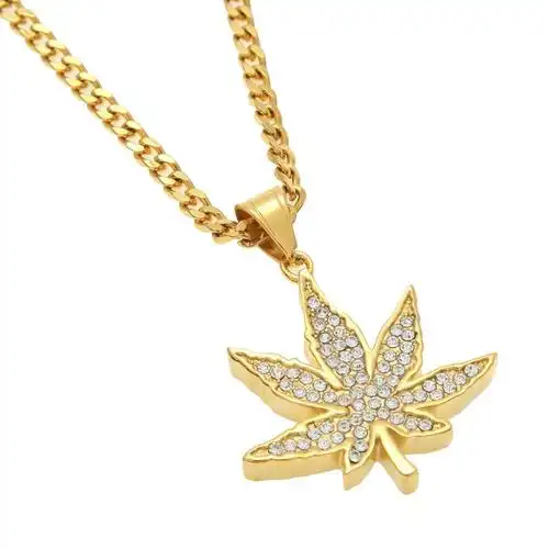 项链新款欧美男士镶钻枫叶吊坠不锈钢嘻哈说唱项链