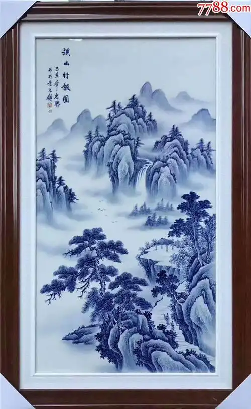青花工笔山水瓷板画
