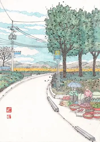 韩国插画师的记忆里温暖的家乡,总是有着好天气和好风景.