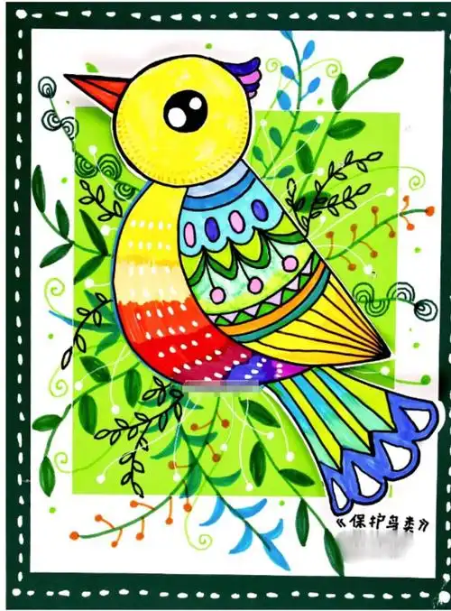 运用勾线笔描绘出小鸟的外形和动态,并水彩笔进行色彩搭配.