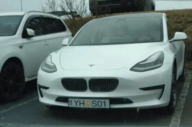 从图片中可以看到,有一辆悬挂冰岛(iceland)车牌的tesla model3